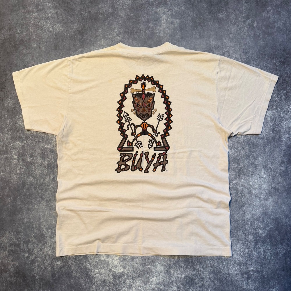 Vintage Buya Hawaii Graphic T Shirt Mens XL Cream Single Stitch Tribal Tiki Mask